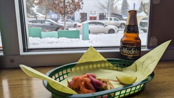 A Cochinita taco and a Modelo on a snowy day in Bend warms the soul.