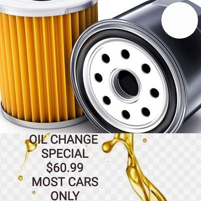 OIL CHANGE SPECIAL
$60.99 + TAX AND HAZMAT
MOST CARS ONLY.