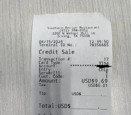 Receipt for overcharge Southern Recipe