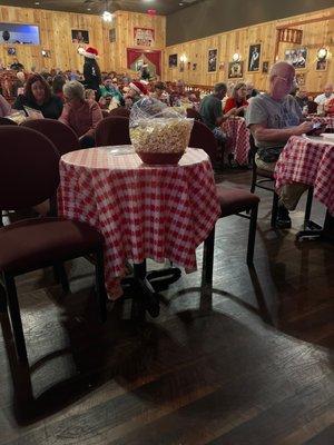 Round tables to accommodate parties. Socially distanced nicely