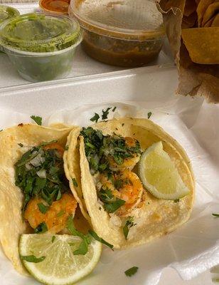 Shrimp Tacos, Chips Salsa and Guacamole