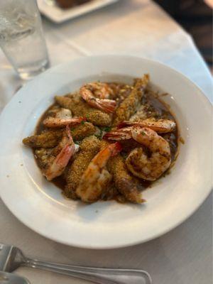 Shrimp & grits with fried pickled okra