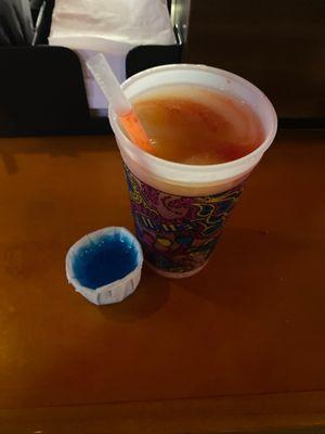 Blue Jell-O shot and Tybee Sunset ( mango, pina colada and strawberry