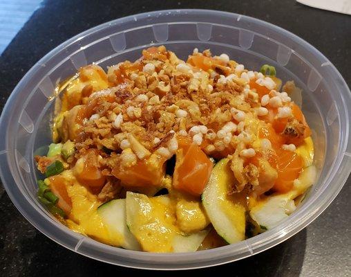 Custom salmon poke bowl ($12): cucumber, jalapeno, ginger, ponzu sauce, spicy aioli, tempura flakes