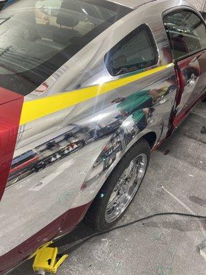 Chrome vinyl wrap on Ford Mustang