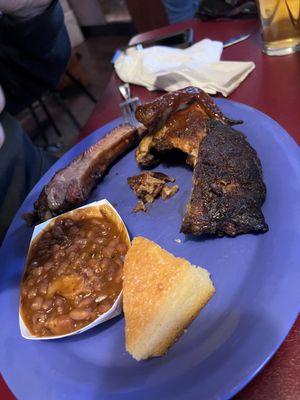 1/4 rib and 1/4 chicken.  Beans and cornbread. Pretty much self explanatory