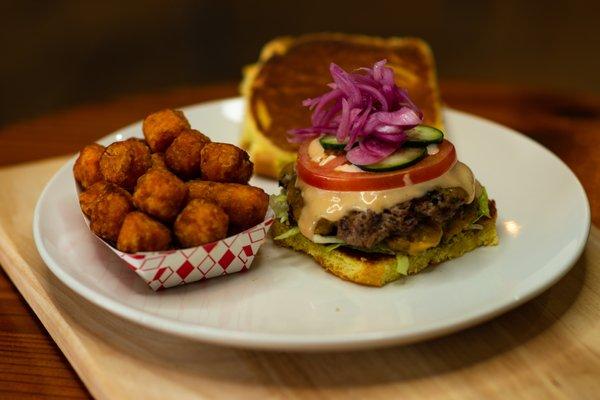 Cheese burger, and sweet potato tater tots