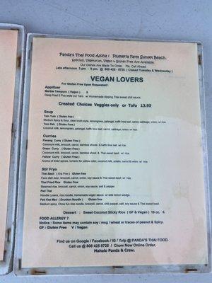 Vegan menu