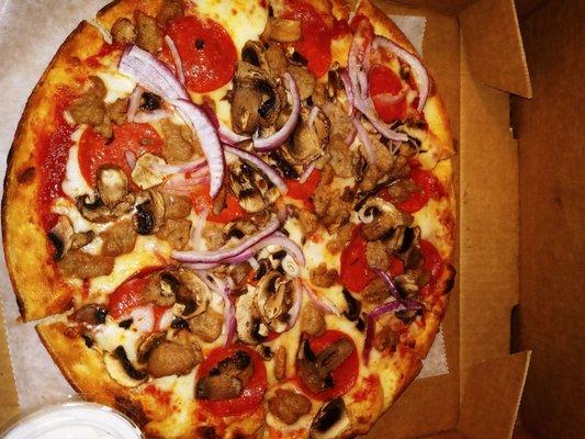 Pizza 1- Spicy sauce, pep, sausage, red onion, & mushroom