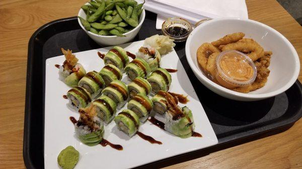 Sushi (Tiger Roll x2), calamari, and edamame