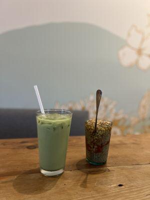 Chia pudding and iced matcha latte