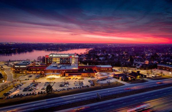 Sunset over SSM St. Joseph West Hospital in Lake St. Louis.