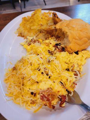 Delicious biscuit and bacon scramble