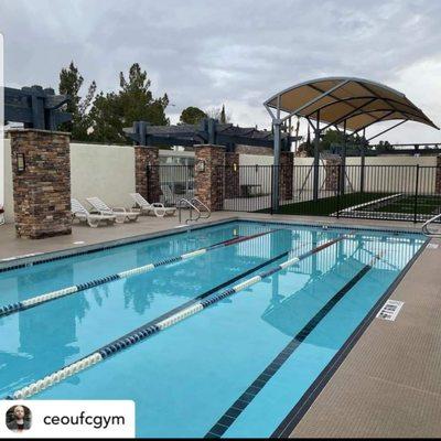 Outdoor pool and turf.