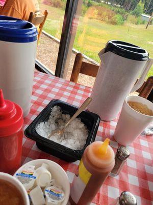 Tea pitchers, ice.