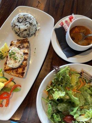 catch of the day entree: salmon w/ poached pear butter & side salad | cup of minestrone soup