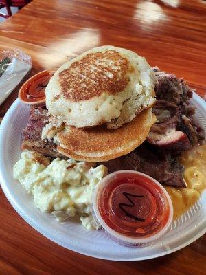 3 meat combo - cornbread, ribs, brisket, pulled pork, potato salad, Mac and cheese