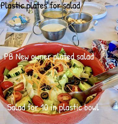 Plastic plates stacked on table. New Palm Brook owner plated salad served in plastic bowl did not serve 10 guests at table.