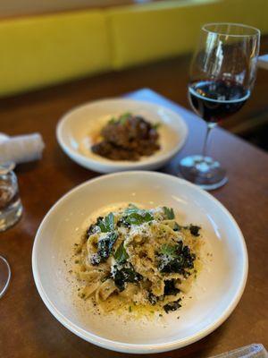 Twirl into comfort with our Tagliatelle--mascarpone, crème fraîche, kale, chantrelle mushrooms, and a touch of Aleppo spice.