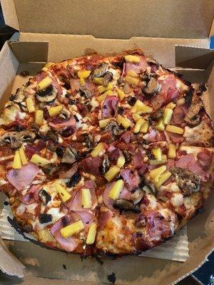 The medium pan crust Hawaiian pizza $11 on the 1/2 off weekend special, delicious but ask for crust well done or it's floppy.