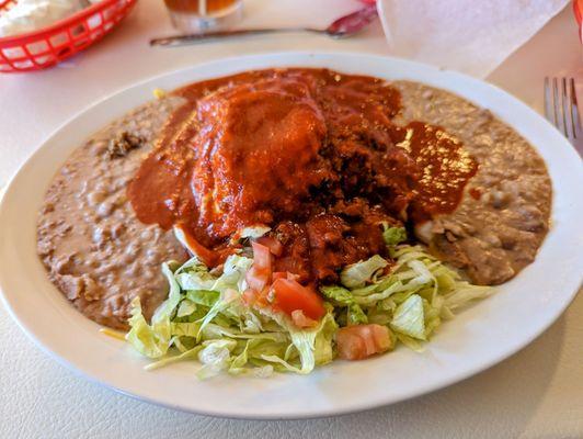 Red chile beef enchiladas with egg