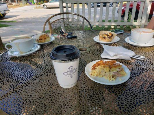 Caramel macchiatos, chocolate croissant, cinnamon bun, ham/waffle pastry. ALL DELICIOUS!