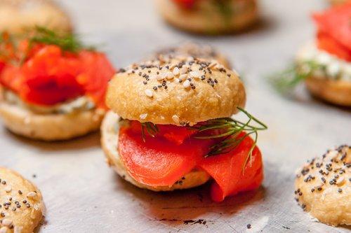 SMOKED ALASKAN SOCKEYE SALMON   BAGEL BITES. SCALLION CREAM CHEESE. DILL