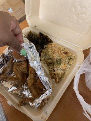 Broccoli Casserole, Collards, Fried Chicken Wings, Rice and Gravy