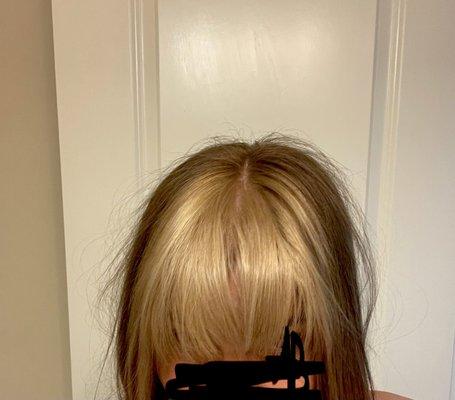 My hair after leaving the salon with "face framing" and "baby lights" blonde chunk dark back.