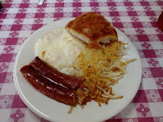 Conecuh sausage, 2 over medium, hash browns & home made biscuit!