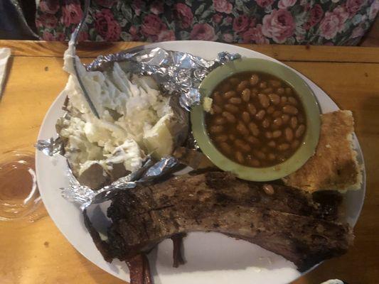 Smoked ribs and sausage with 2 sides and Corn Bread.