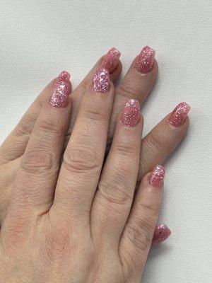 Coffin pink glitter nails