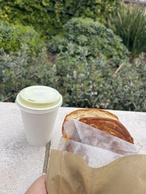 Hot matcha latte and breakfast sando