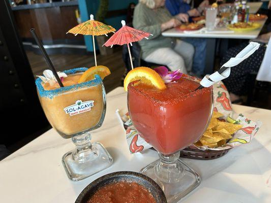 Peach margarita, raspberry margarita, chips, salsa