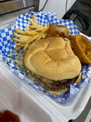 Mushroom and Swiss Burger (from frozen)  and From Frozen Fries/onion rings.