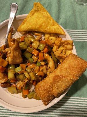 Top triangle is crab rangoon, down and to the right is fried wonton, bottom right is pork eggroll