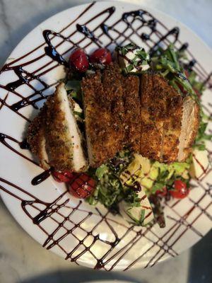 Caprese salad with parm crusted chicken