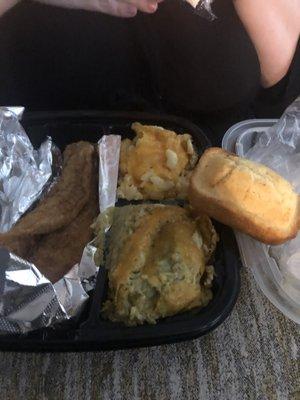 Fried swai, broccoli casserole, cornbread and Mac and cheese