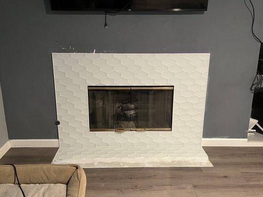 Glass tile fireplace