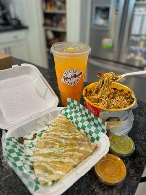 Peach Mango Agua Fresca, Birria Ramen, Asada Quesadilla