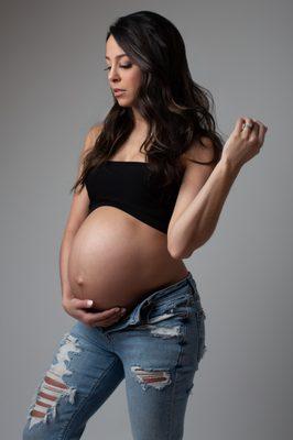 Maternity sessions in designer jeans.