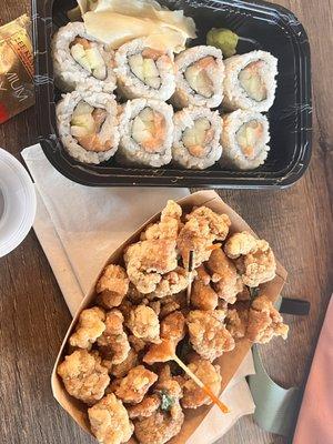 Popcorn chicken, fresh salmon roll