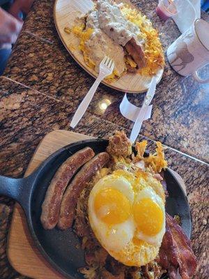 Top: Something sage (gravy topped waffle) w/hash; bottom: Santa Fe (pulled pork and chili) with side of waffle (or choice of biscuit)