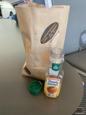 Bagel in bag and simply orange juice