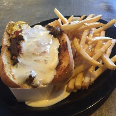 Italian Philly Cheese sandwich and cheese fries.