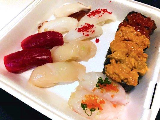 Nigiri: Hotate, Ika, Uni, Ama Ebi, Kuro Maguro, Ikura, Take