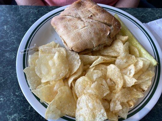 Chicken sandwich and chips.