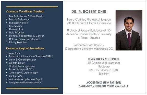 A convenient of list of the services provided by Dr. Dhir.