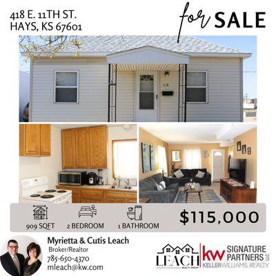 418 E. 11th St. Hays
2| 1| 909 sqft
PRICE : $115,000.00
Call Keller Williams Realty 785.650.4370.