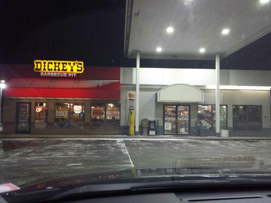 Shares space with Dickeys. Offers Fuel Rewards and Krogers  discount at pump.